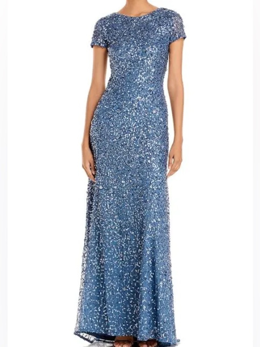 Sequin Cap-Sleeve Evening Gown in Blue